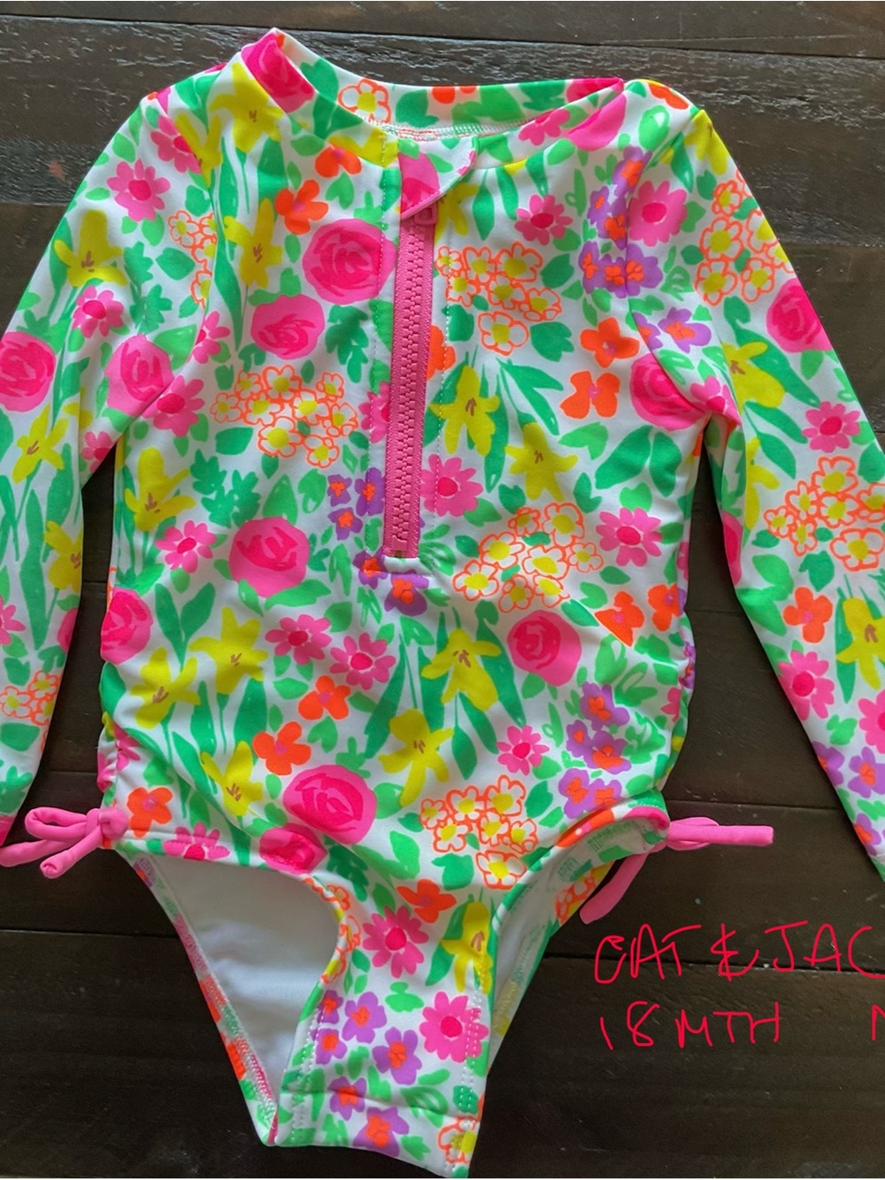 Cat & Jack Toddler Girls' Floral Long-Sleeve Rash Guard Swimsuit - Pink Multi